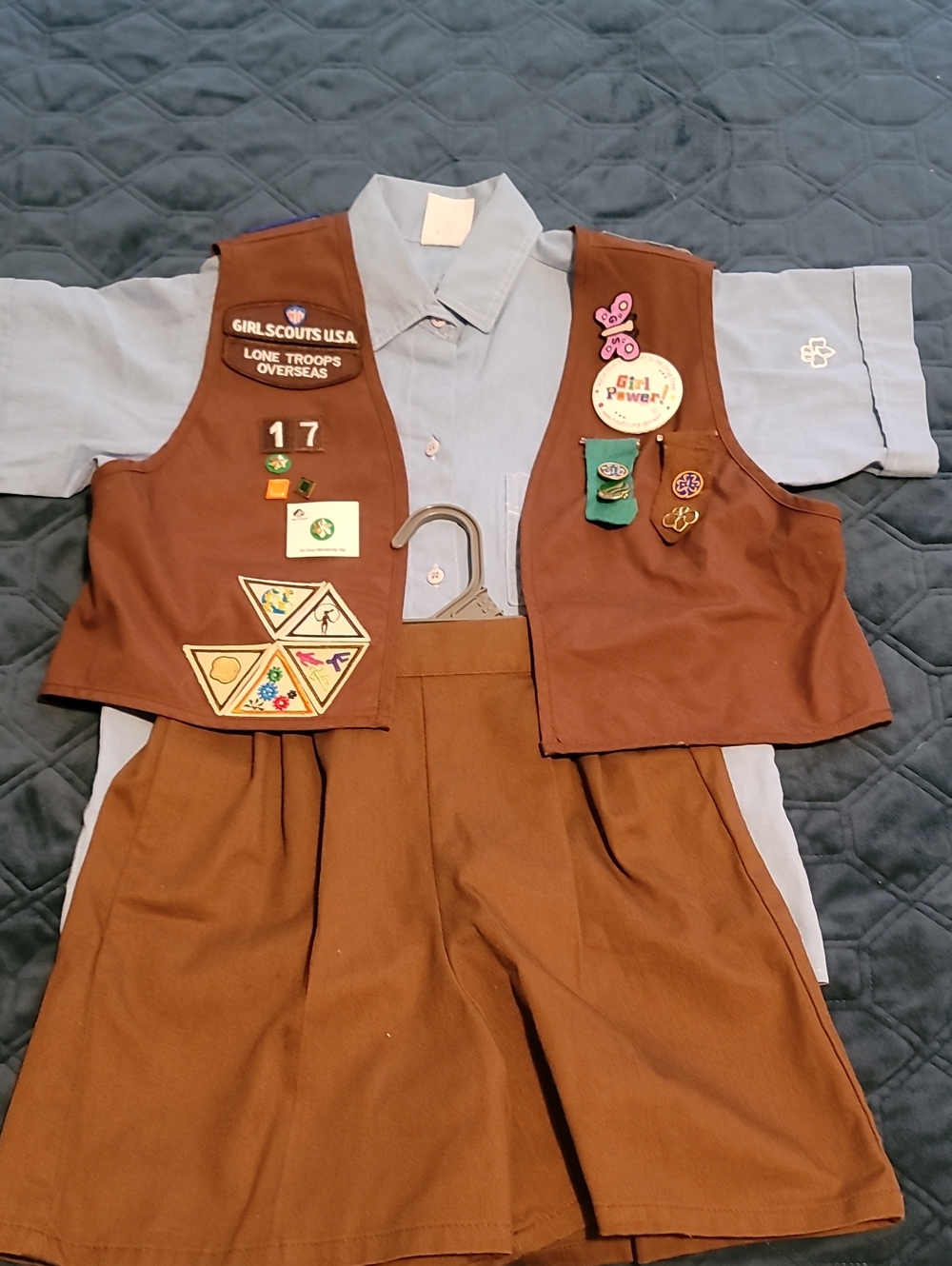 Vintage Over Seas Girl Scouts Brown Vest And Light Blue Top W/shorts Uniform